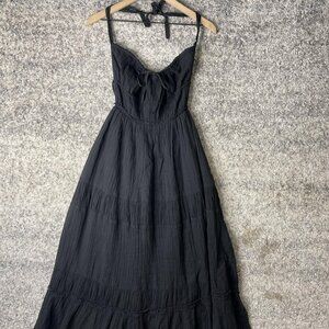 Free People Dress Womens Small Black Halter Tiered Crinkle Cotton Midi Boho
